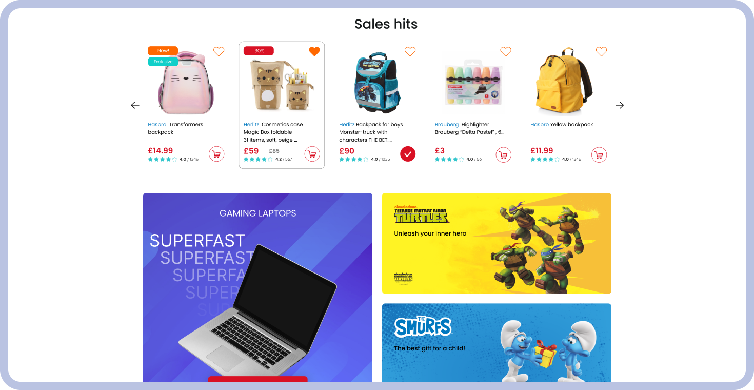 Design of webstore recommendation banners and sliders